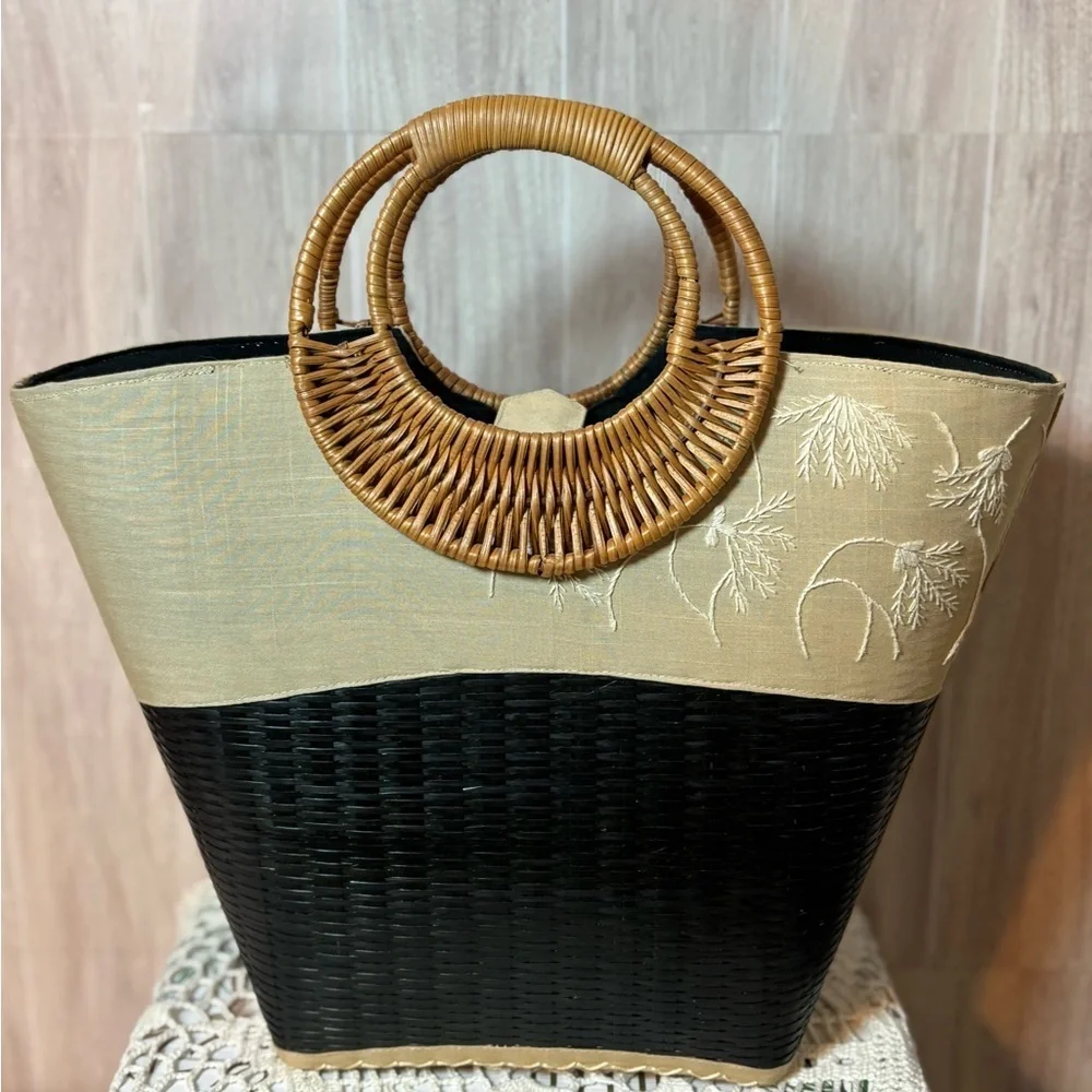 Mad Bags Black and Tan Canvas and Woven Tote Bag - Picture 2 of 12